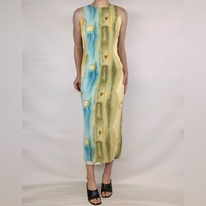 Vintage 90s Wallis Abstract Ombre High Neck Slit‎ Midi Dress Yellow Size 12